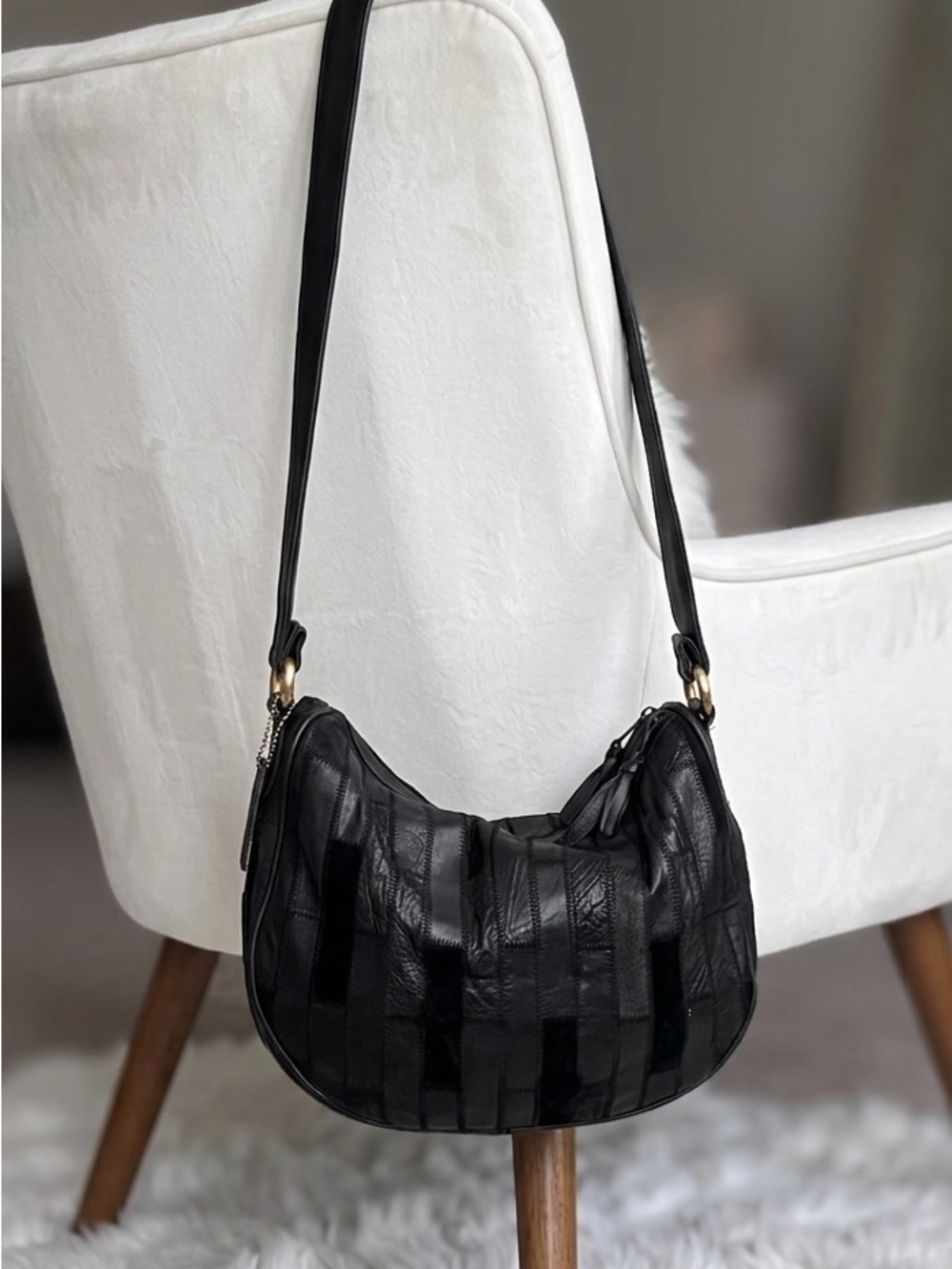 Vintage Flings Black Patchwork Leather Crossbody Bag suede and leather